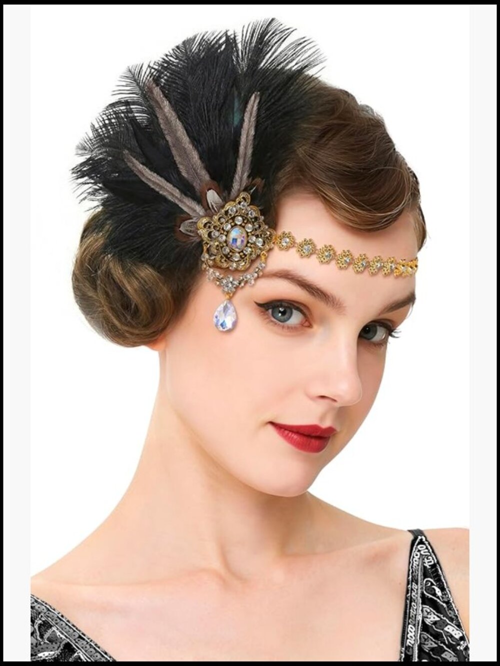 Feather Headband 1920s Flapper Great Gatsby Rhinestone Elastic Handmade Vintage